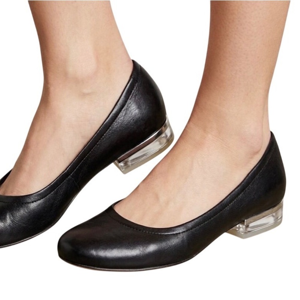 Vaneli Black Leather Round Toe Ballet Flats Clear Lucite Block Heel Size 6.5